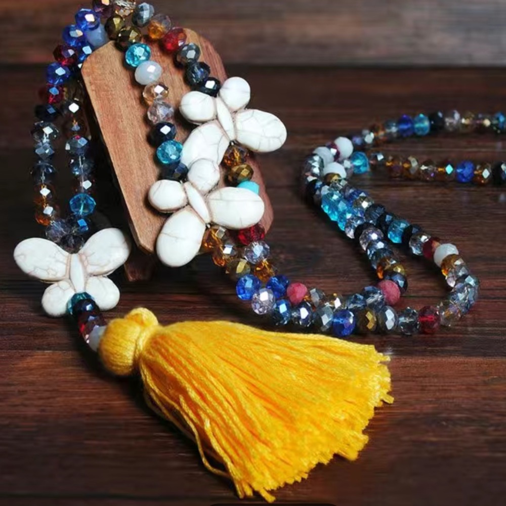 1Pc Boho‎ Sweater Necklace Colorful Beaded Yellow Tassel Butterfly Charm Fashion